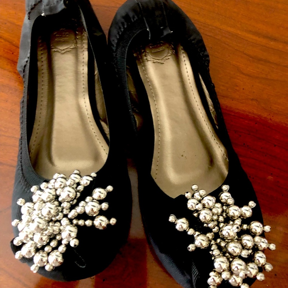Women’s OLLIO BALLET FLATS. Black soft upper with silver decoration On toe.